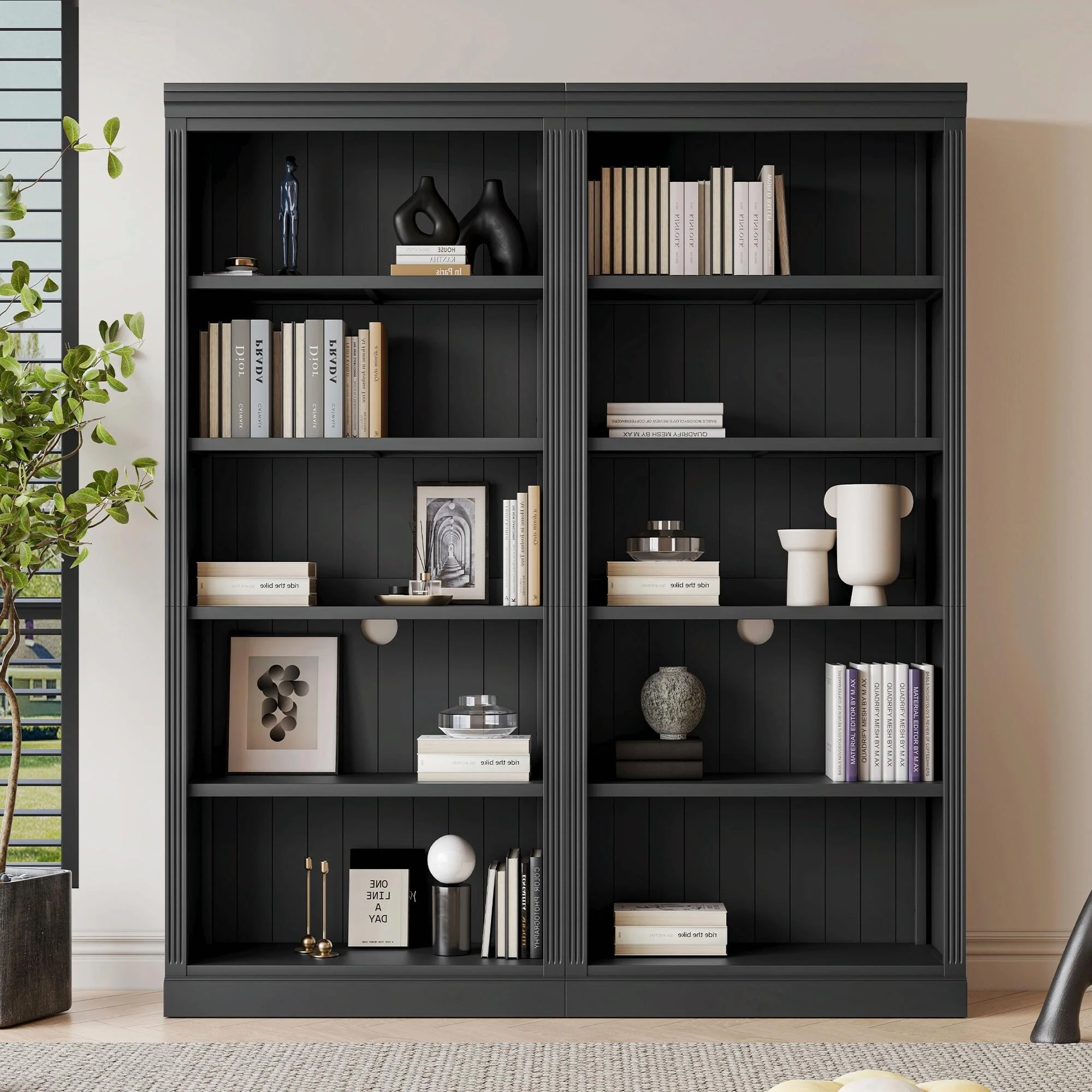 83 Tall Wood Bookcase Suite with Light Strip, 5-Tier Bookcase Suite with Adjustable Shelves