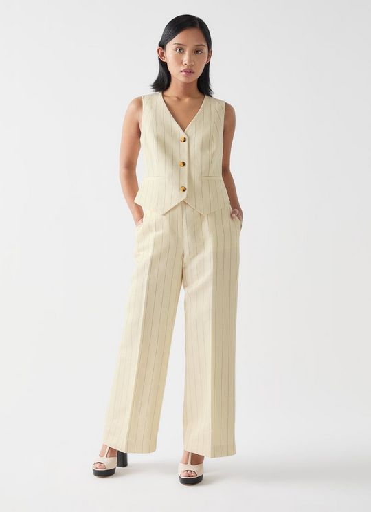 Amore Petite Cream & Black Linen Blend Pinstripe Wide Leg Trouser