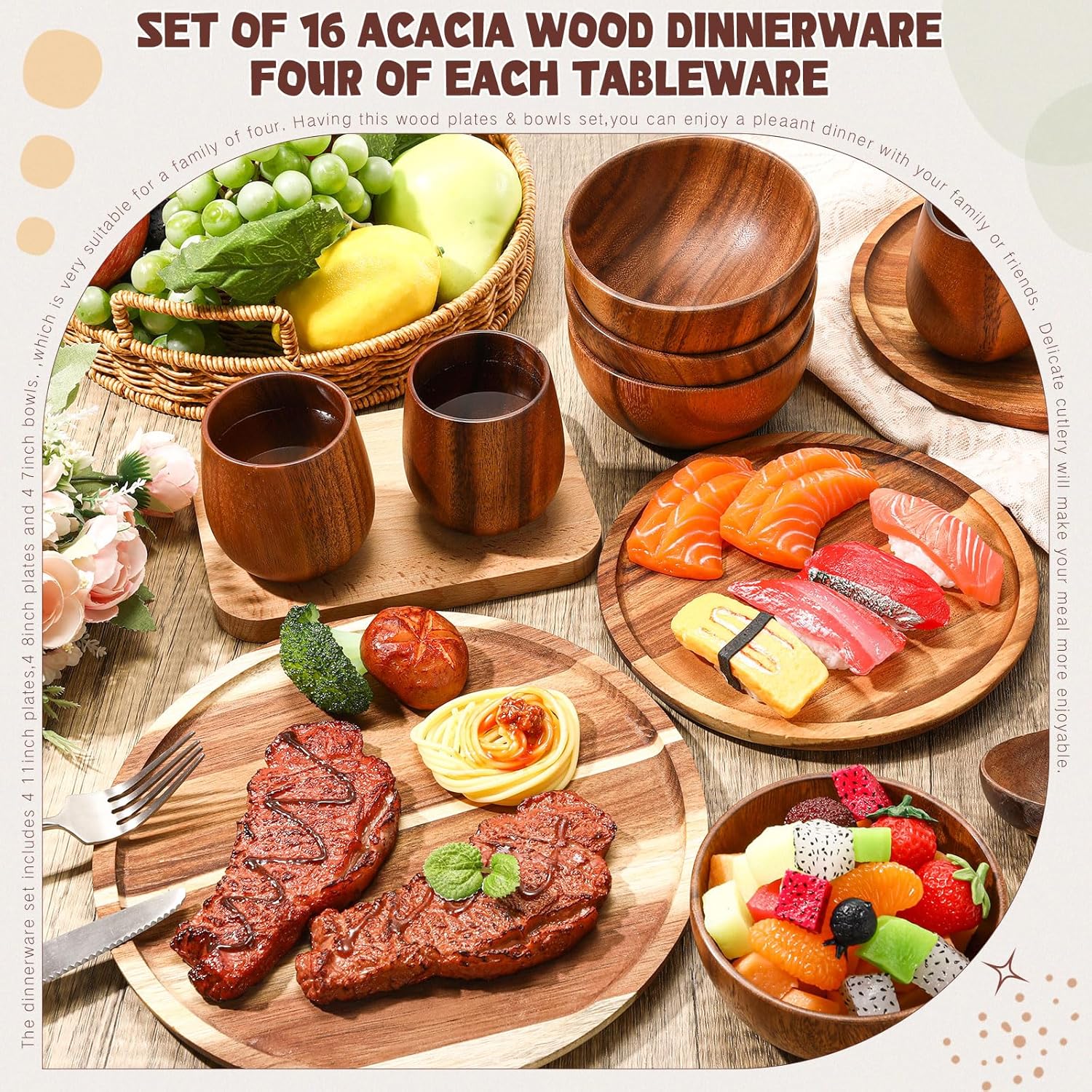Maxdot 16 Pcs Acacia Wood Dinnerware Set, Round Wooden Plates,Solid Wooden Bowls and Tea Cups, Acacia Wood Tableware Supplies, Easy Cleaning & Lightweight for Dishes Snack, Dessert, Set for 4