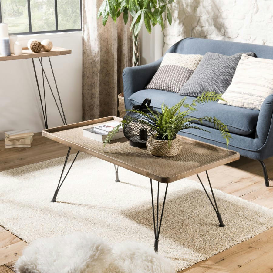 DORIANE - Table basse rectangulaire cannage pieds métal noir L110