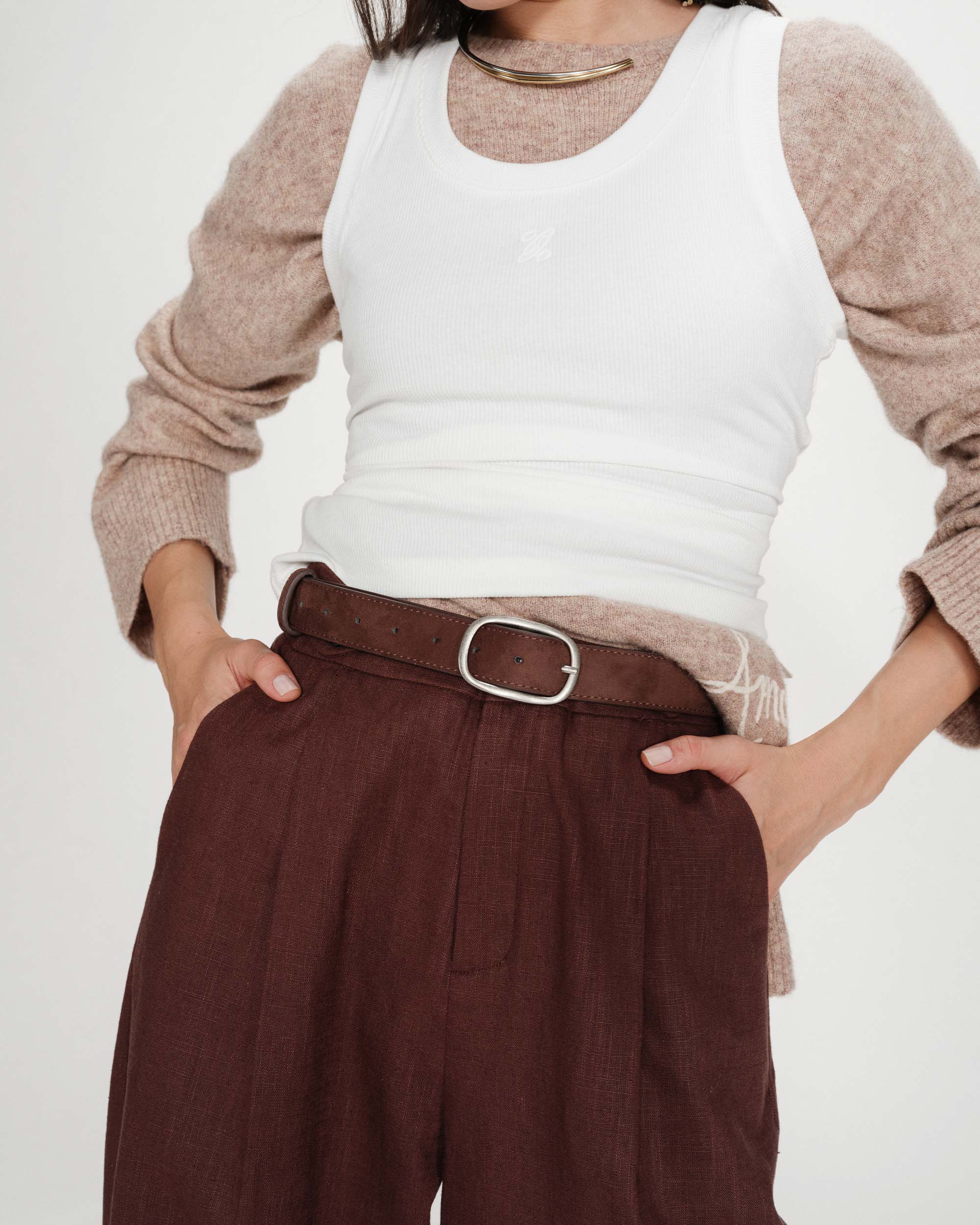 Ceinture en suède à boucle métal argenté chocolat Vikander
