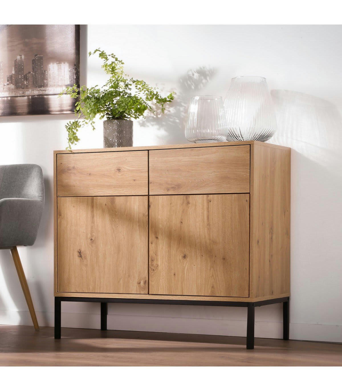 LENNY - Commode 2 Portes 2 Tiroirs Décor Chêne - L90 x H80 cm