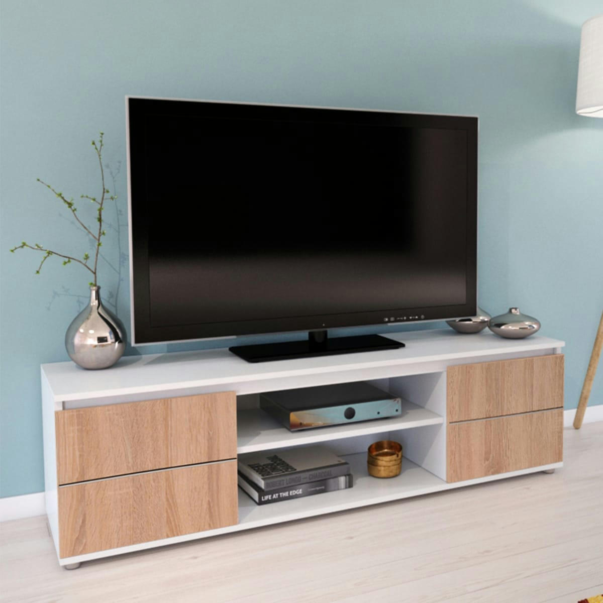 - Meuble tv 140cm 2 portes 1 niche blanc