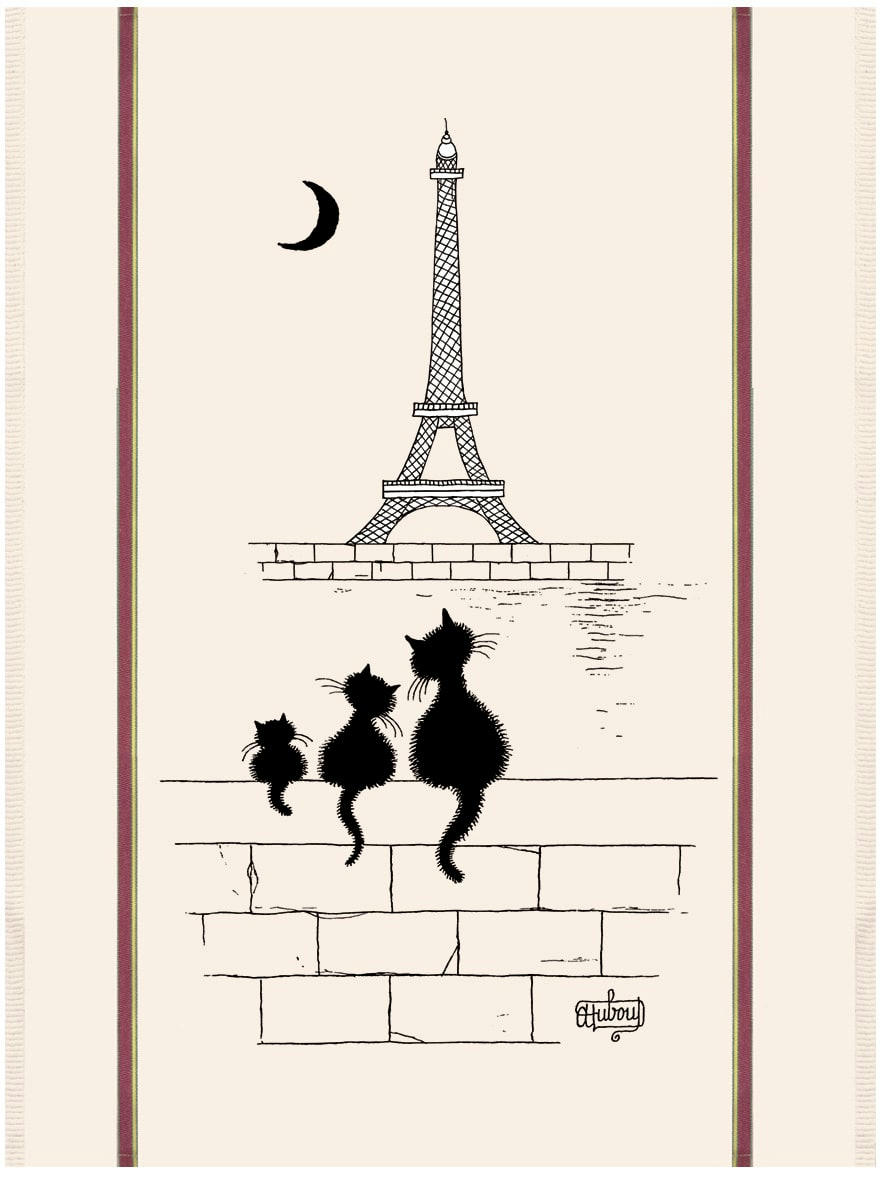 DUBOUT - Grand torchon  chats tour eiffel en coton ecru 60 x 80