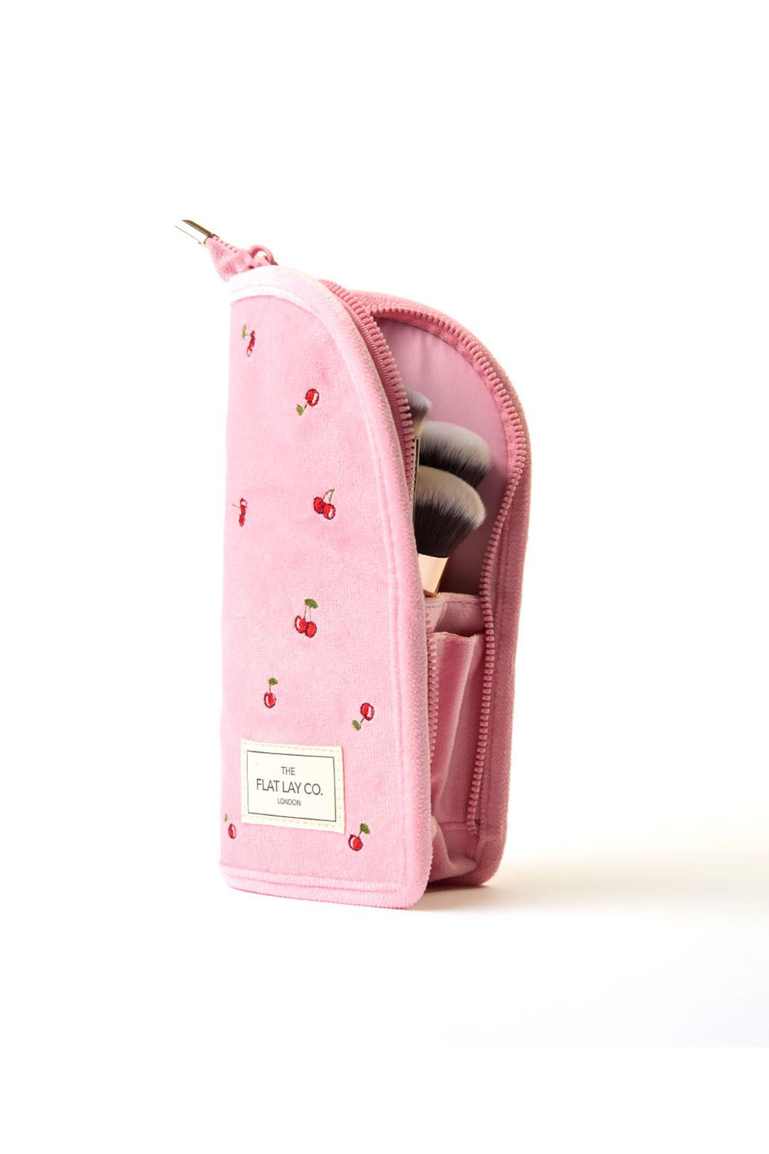 The Flat Lay Co Standing Makeup Brush Case - Ditsy Cherries Pink Embroidered Velvet