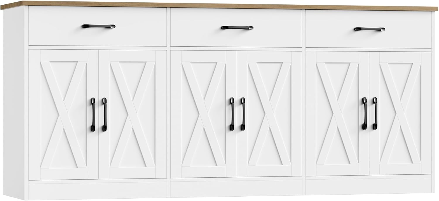 HOSTACK 71 Large Sideboard Buffet Cabinet with Storage, Farmhouse Coffee Bar Cabinet with 3 Drawers, Long Kitchen Buffet Table, Kitchen Sideboard Storage Cabinet for Dining Room, Living Room, White