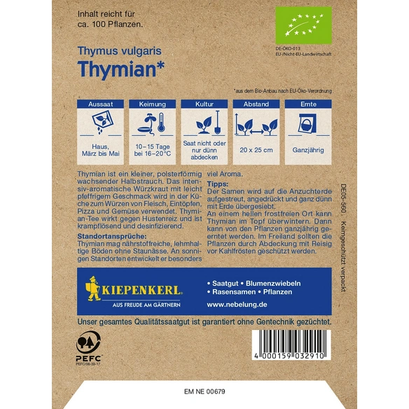Thymian, Thymus vulgaris, Bio-Qualität, Saatgut