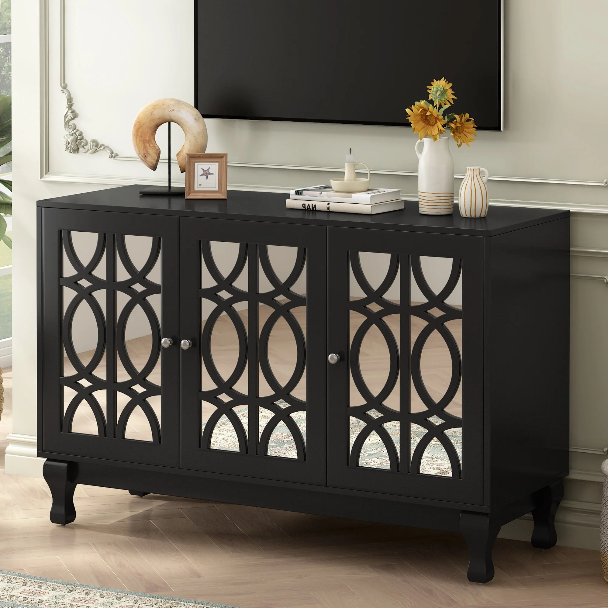 47.2-Inch Modern Mirrored TV Stand with Floral Window Design, 3 Adjustable Shelves