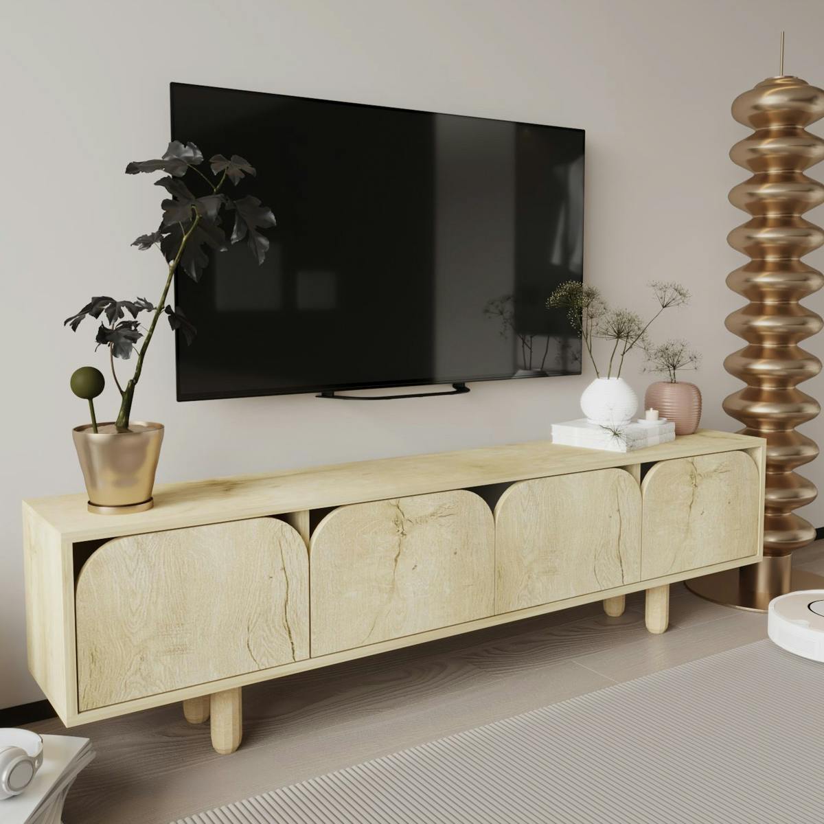 Meuble TV avec rangement, 4 portes courbes effet bois VAREN