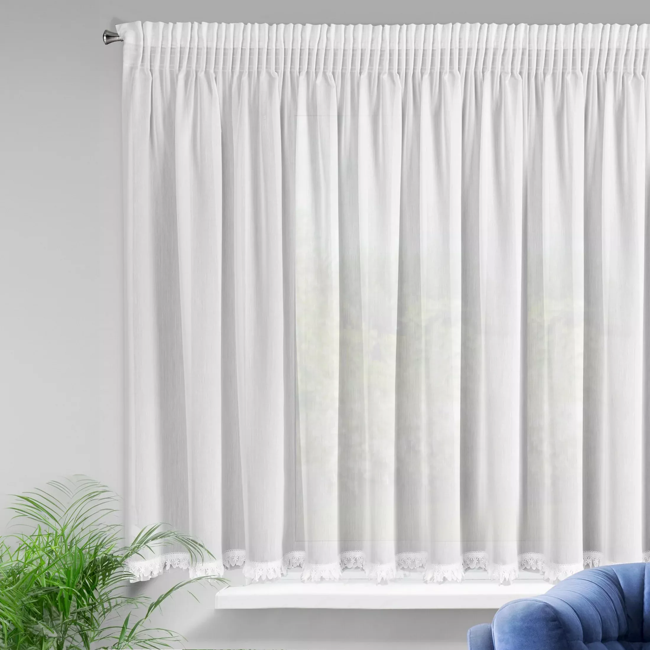 Firana biała z etaminy zakończona fantazyjną aplikacją 300x150 cm taśma ELENA