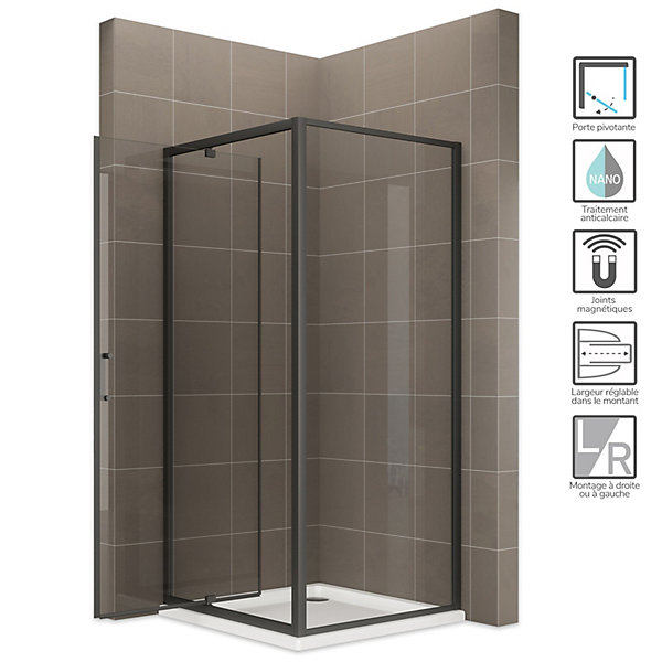 Cabine de douche IBEABLACK H.190 cm porte pivotante verre transparent 90 x 70 cm (porte 90) - Saniverre