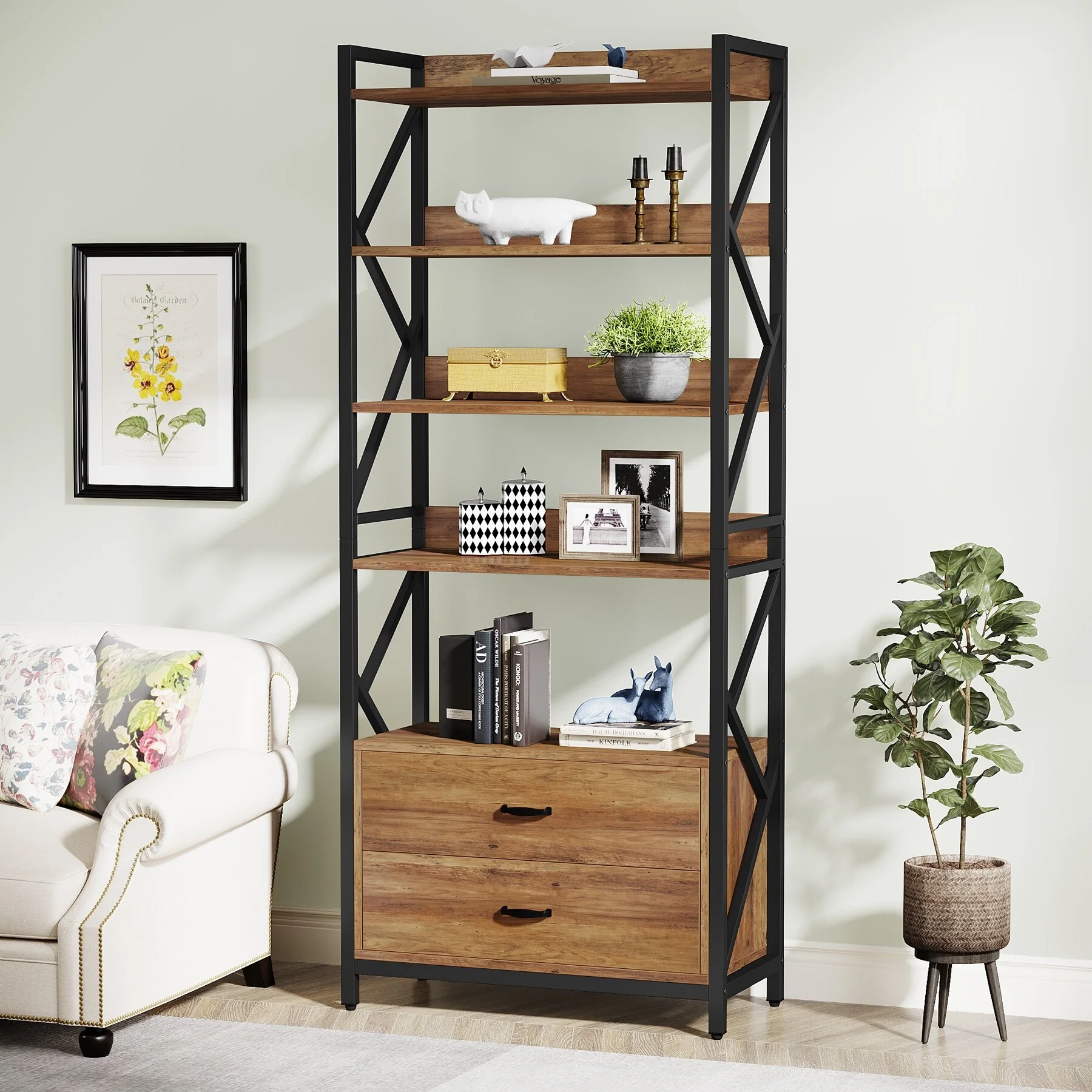 70.8 Bookshelf with 2 Drawers and open shelves, Industrial Bookcase with 2 Drawers