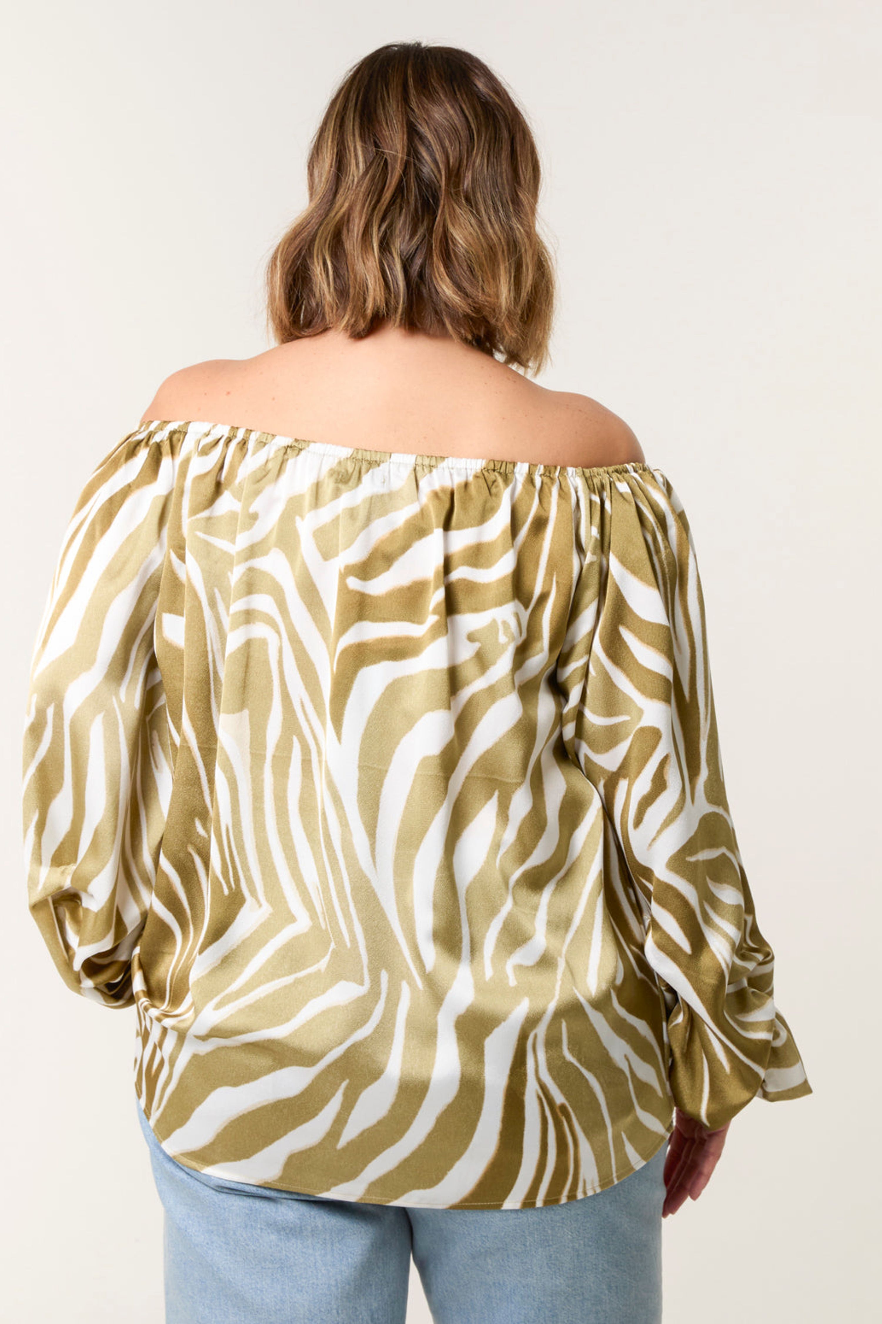 Blue Vanilla Khaki Curve Zebra Satin Ruched Bardot Top