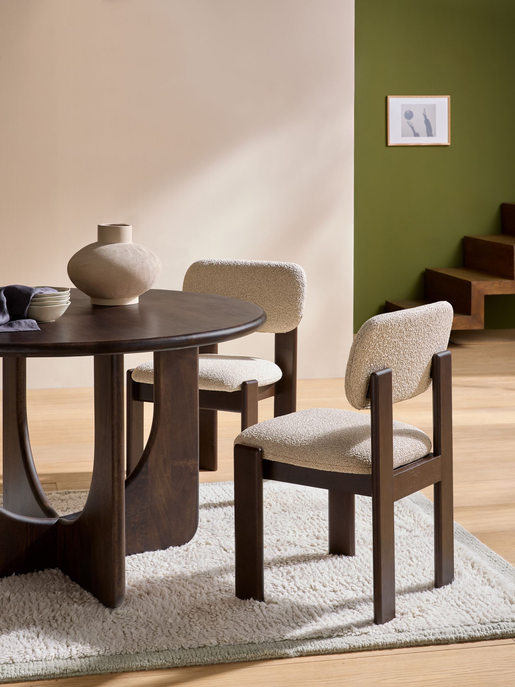 Set of 2 Colton Dark Stain Dining Chairs in Cream Boucle