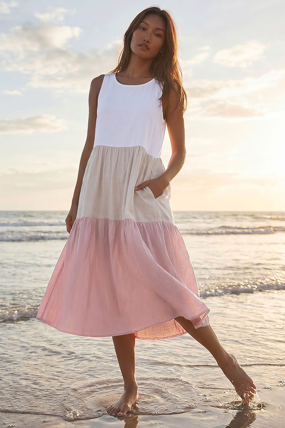 Roman Colour Block Tiered Linen Blend Midi Dress