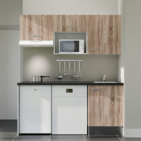 Kitchenette K55 - 180 cm - Façades : Bois - Plan de travail : Noir - Crédences : Non - Evier