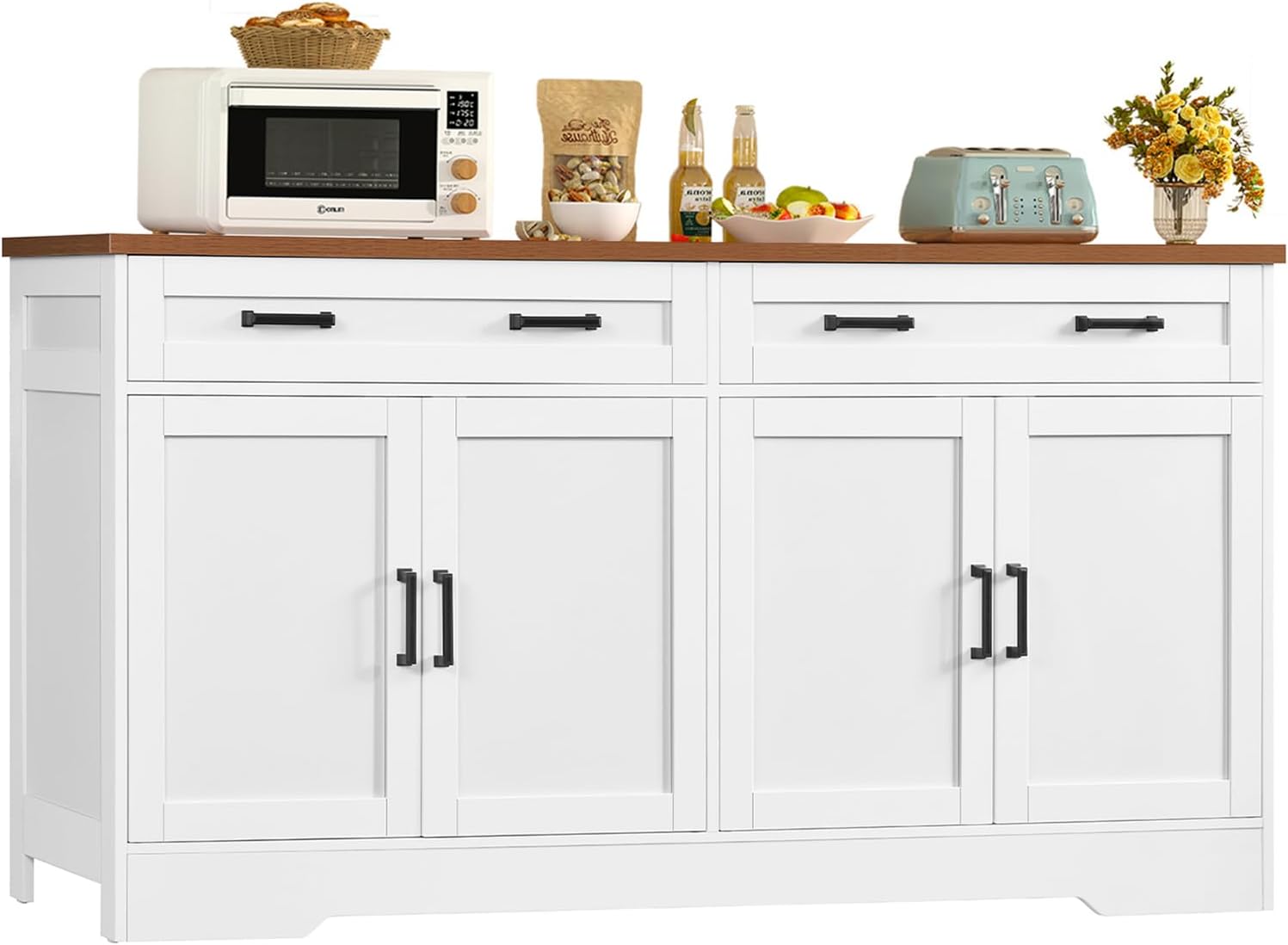 usikey 63 Buffet Cabinet with Storage, Large Sideboard Buffet Cabinet with 2 Adjustable Shelves and 4 Doors, Modern Farmhouse Coffee Bar for Kitchen, Living Room, White