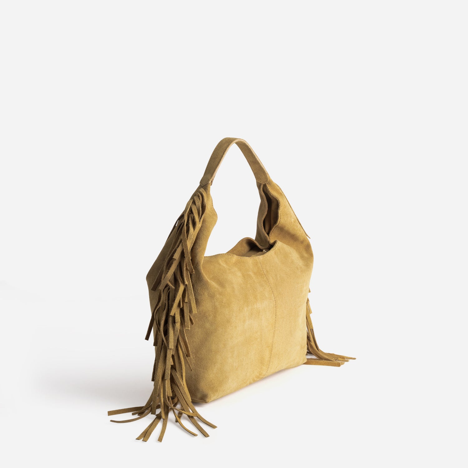 Sac camel cuir velours franges côtés