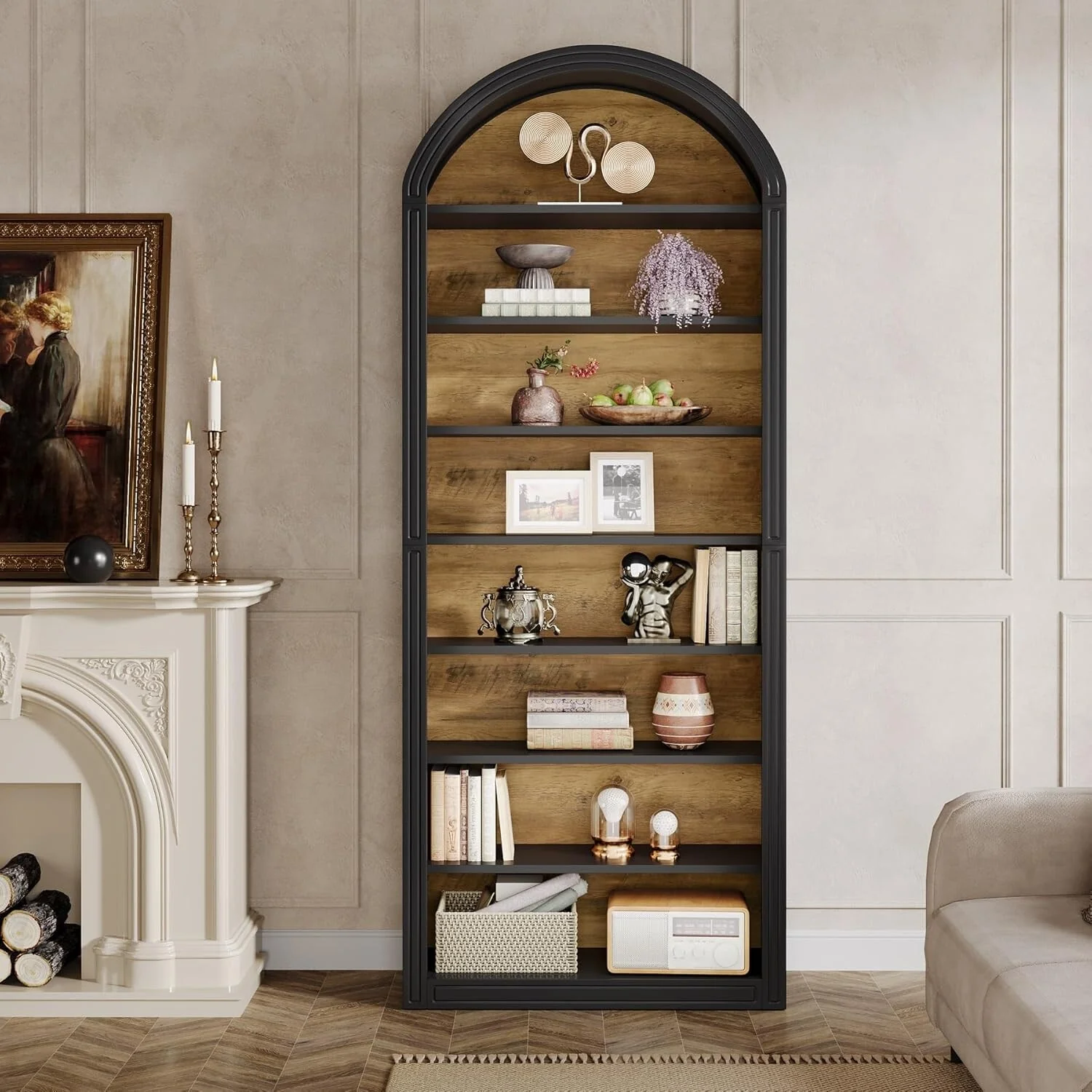 78.7 Black Arched Bookshelf, Tall Arched Bookcase with 8-Tier Storage Shelves - 11.81”D x 31.5”W x 79.53”H