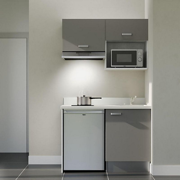 Kitchenette K02 - 120 cm - façades Gris - Plan monobloc en quartz coloris Snova évier à droite - Electroménager Inox