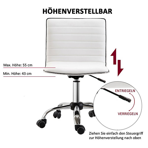 Chaise de Bureau - Chaise de Bureau Sans Accoudoirs Réglable en Hauteur, Ergonomique et Confortable, Cuir Synthétique, Blanc