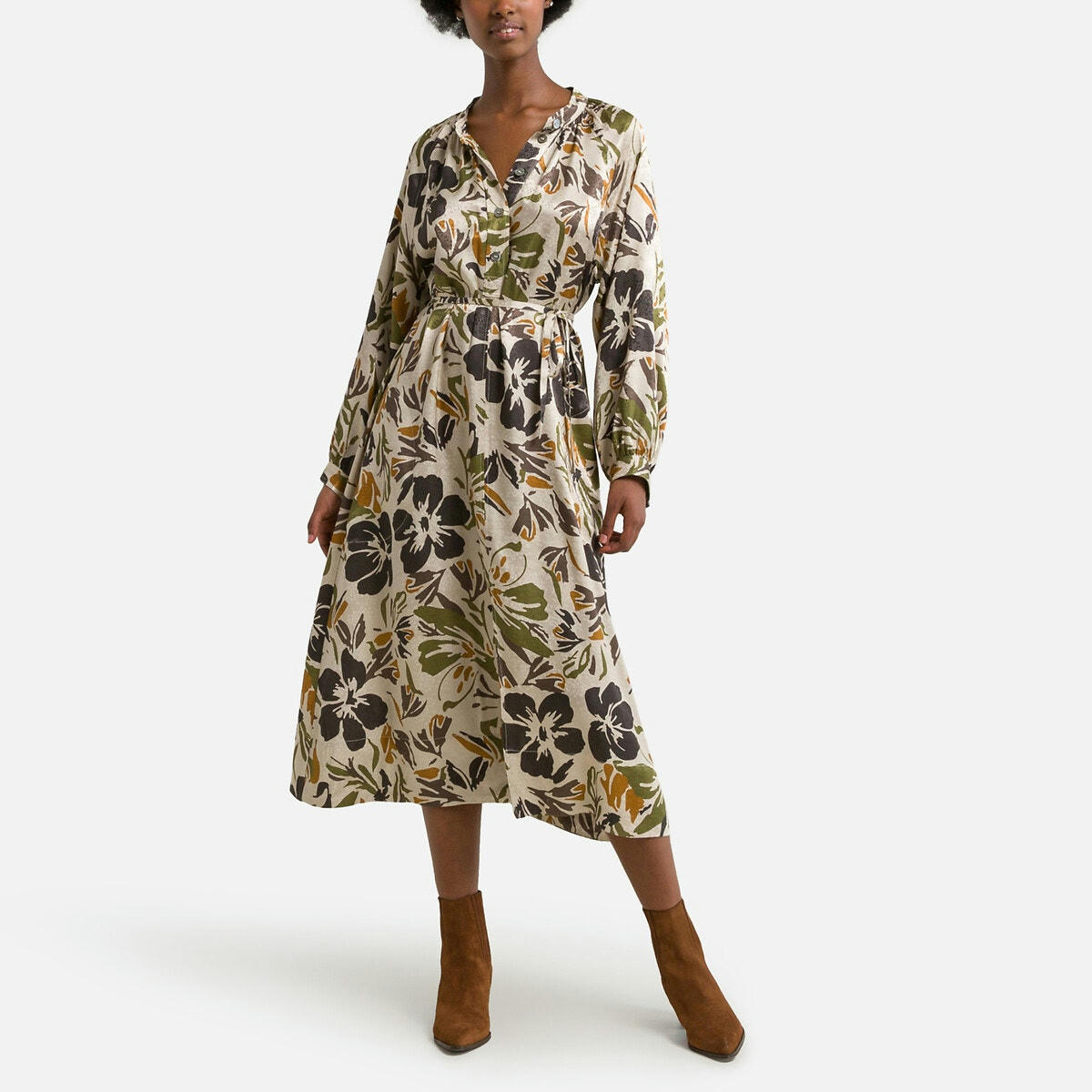 Robe midi imprimée, manches 3/4