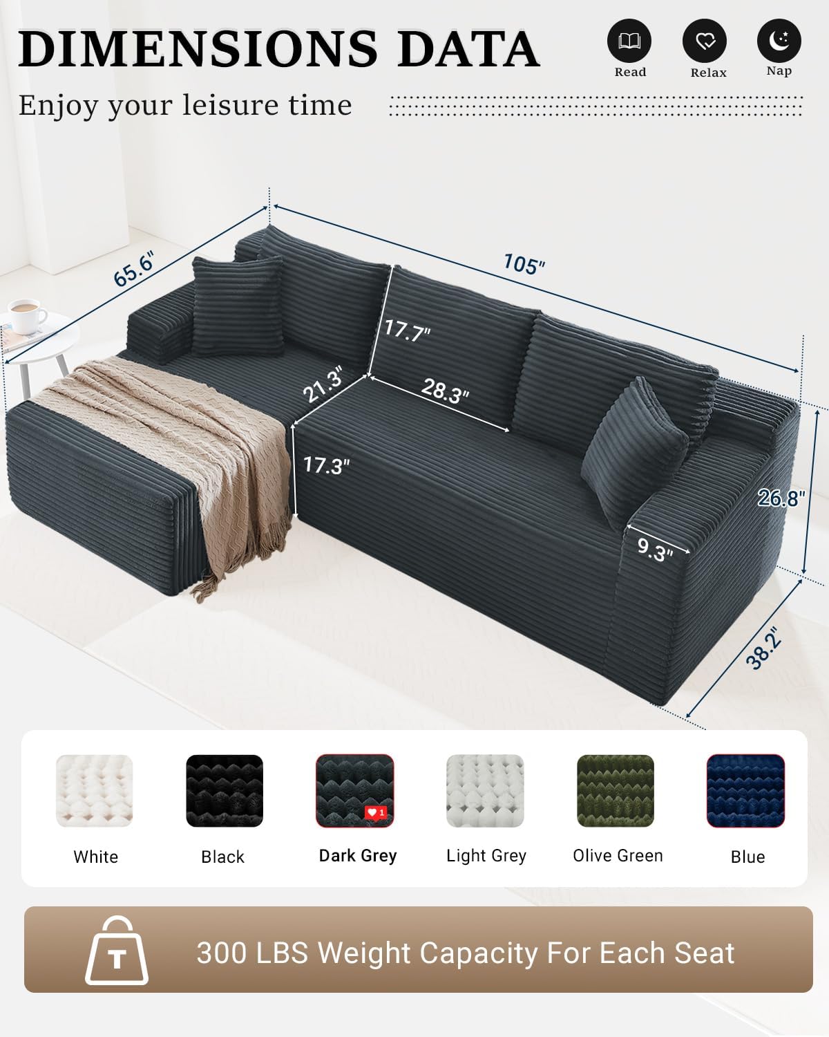 105 Inch Cloud Sectional Couch,Modern Modular Sectional Sofa with Deep Seat,Corduroy Boneless Couches with L-Shape Chaise for Living Room Bedroom,No Assembly Required (Dark Grey, Left Facing Chaise)