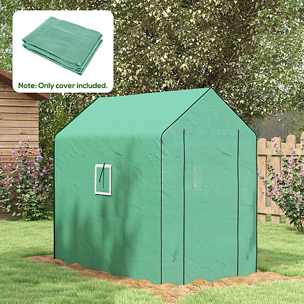 Bâche de remplacement serre de jardin 140 x 213 x 190 cm - 2 fenêtres, porte zippée enroulable - PE anti-UV imperméable vert