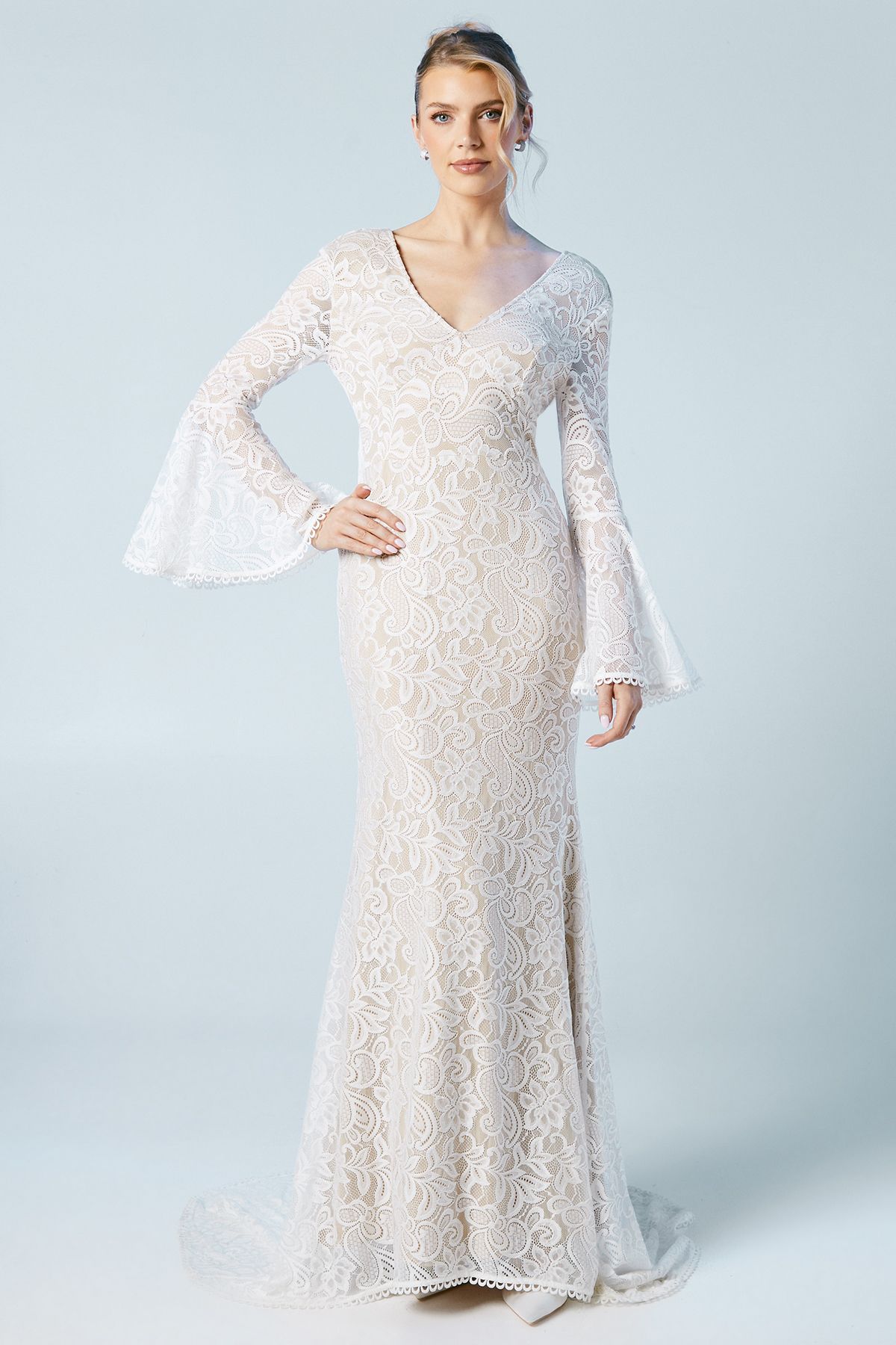Oasis Flare Sleeve Boho Stretch Lace Fishtail Wedding Dress
