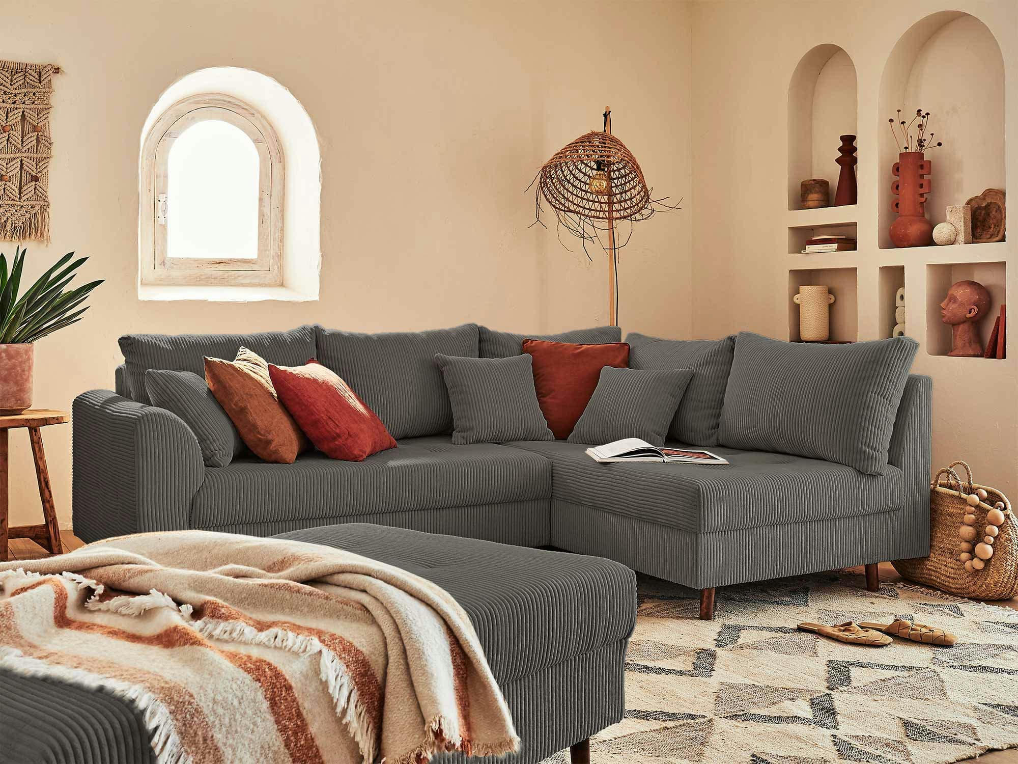 RUNE - Canapé d'angle droit convertible 4 places en velours côtelé gris foncé