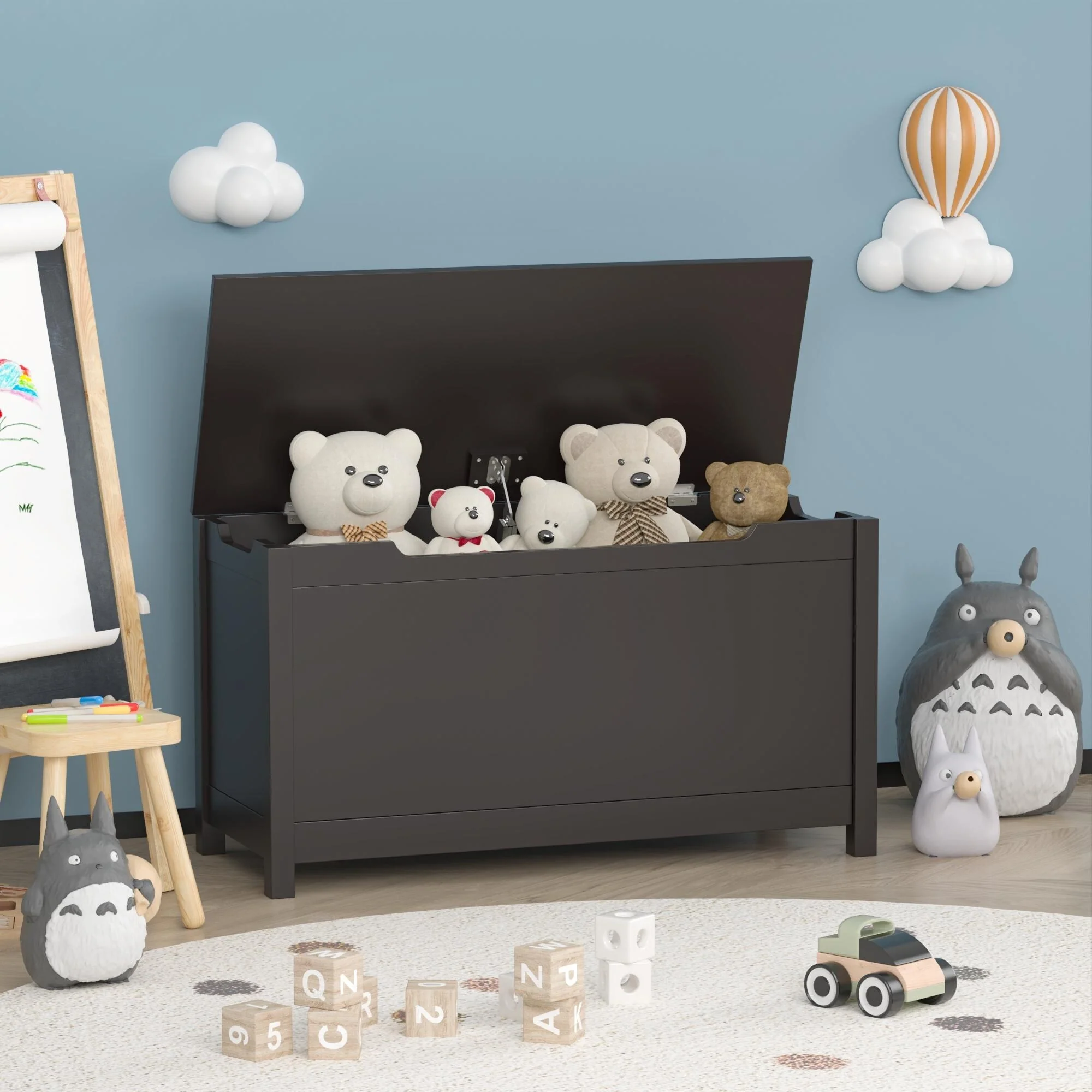 Kids Wooden Toy Box Storage with Safety Hinged Lid for Ages 3+ For Living Room,Dining Room,Entryway