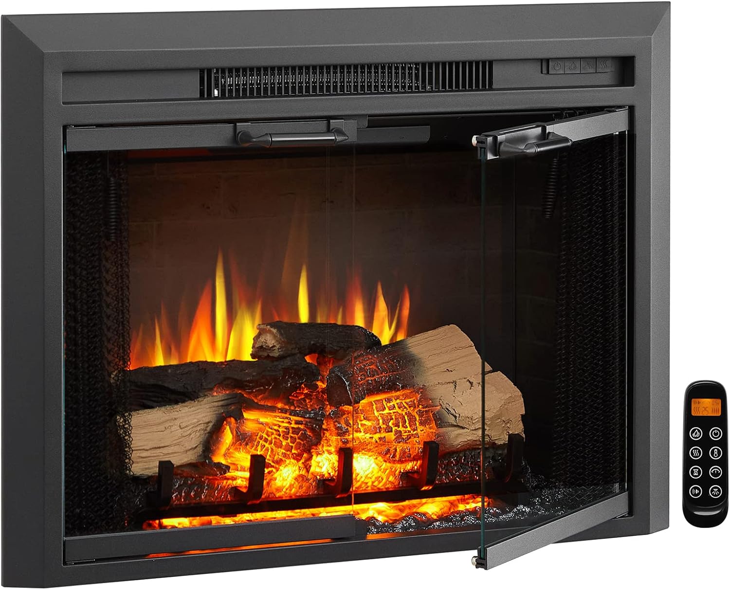 LegendFlame® Damon 28 W Electric Fireplace Insert with Glass Door and Mesh Screen (EF262B), Fireplace Heater 750/1500W, Fire Crackling Sound, Remote Control.
