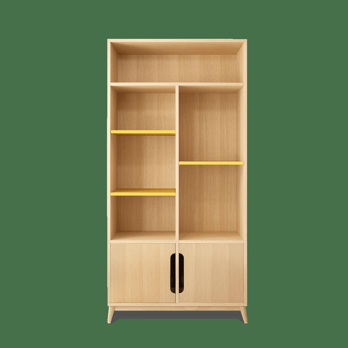 BOOK - Bibliotheque peu profonde couleur chêne et jaune, 2 portes- 175*86*40