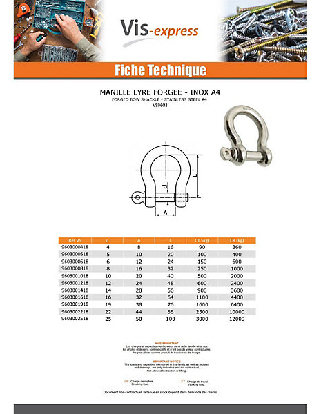 Manille LYRE Forgée Inox A4 Diamètre 6 - 5 pièces