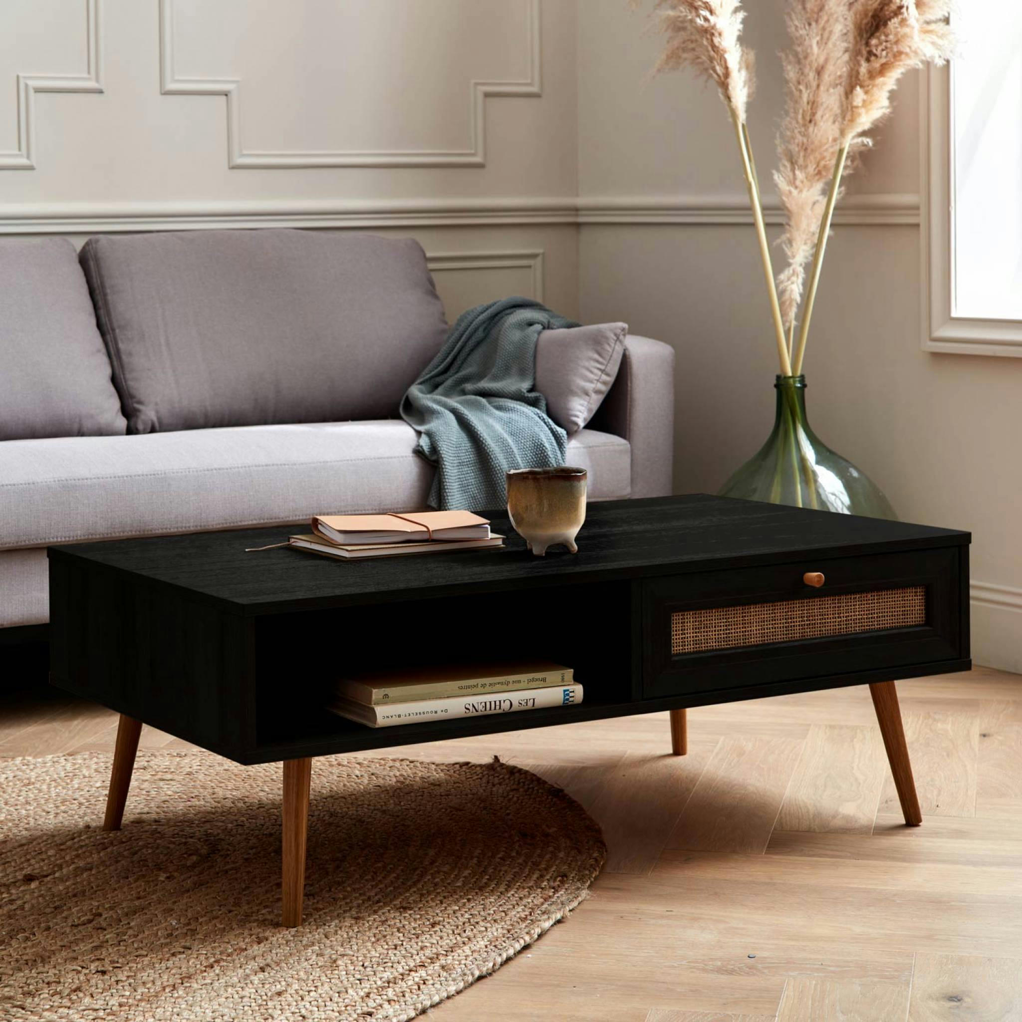 BOHÈME - Table basse en cannage 110x59x39cm - noir