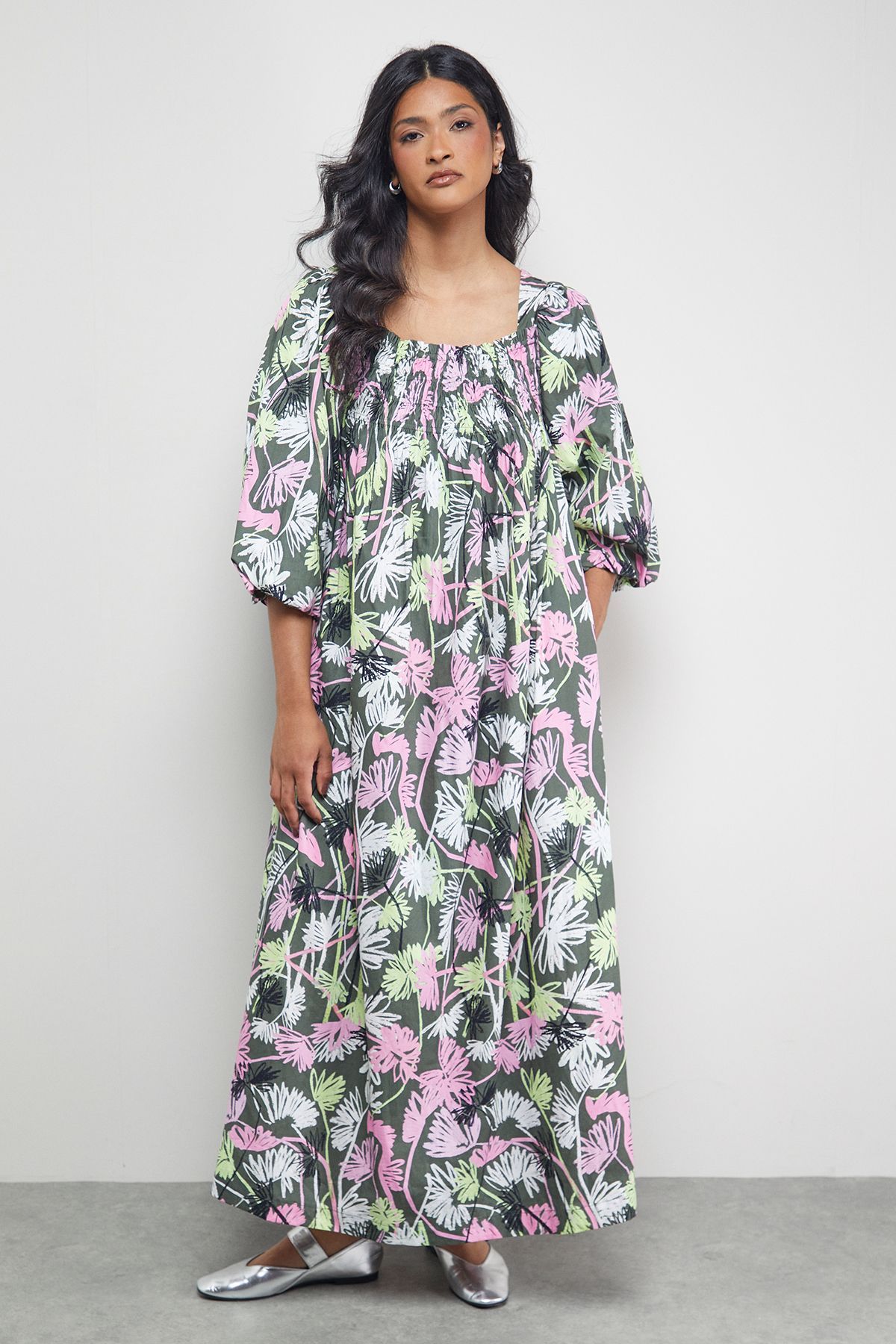 Warehouse Tony Cotton Shirred Square Neck Midi Dress