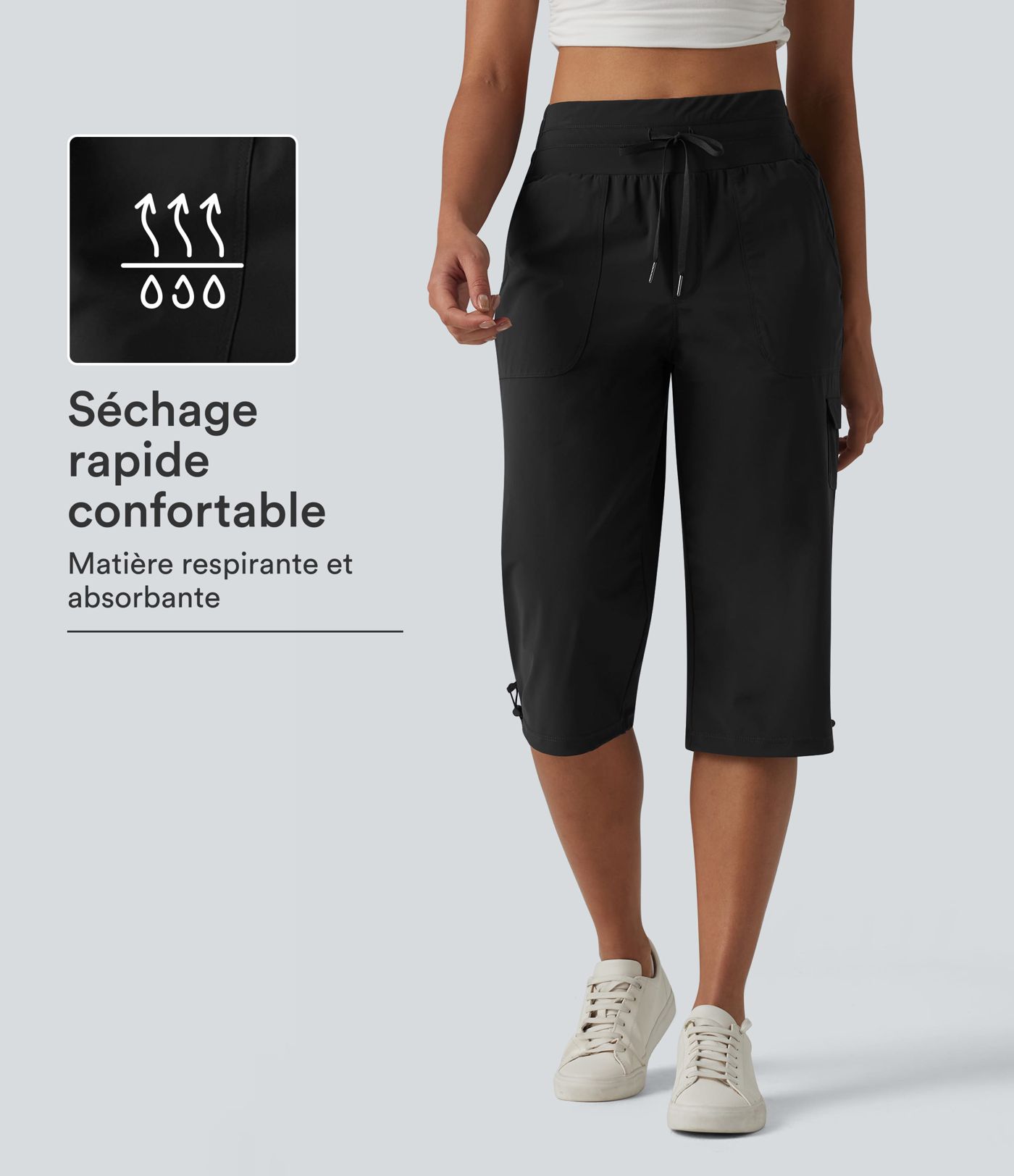 Pantalon décontracté corsaire droit taille mi-haute effet frais InstantCool à séchage rapide, cordon de serrage et poches, protection solaire UPF40