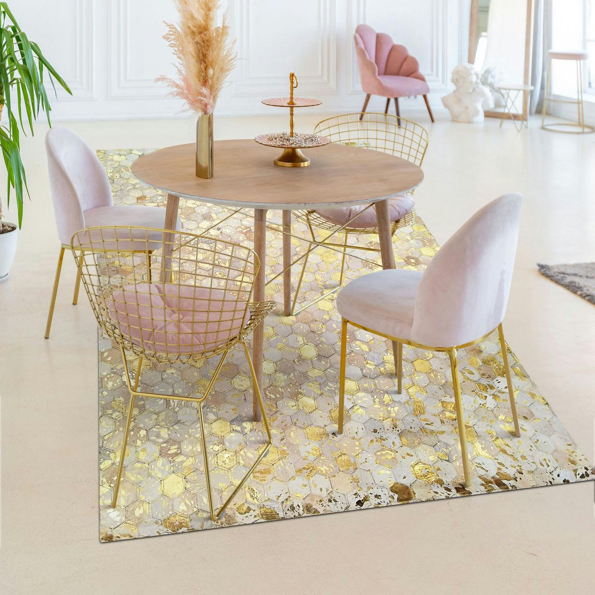 CUIR - Tapis recyclé cuir motifs hexagone or 120x170