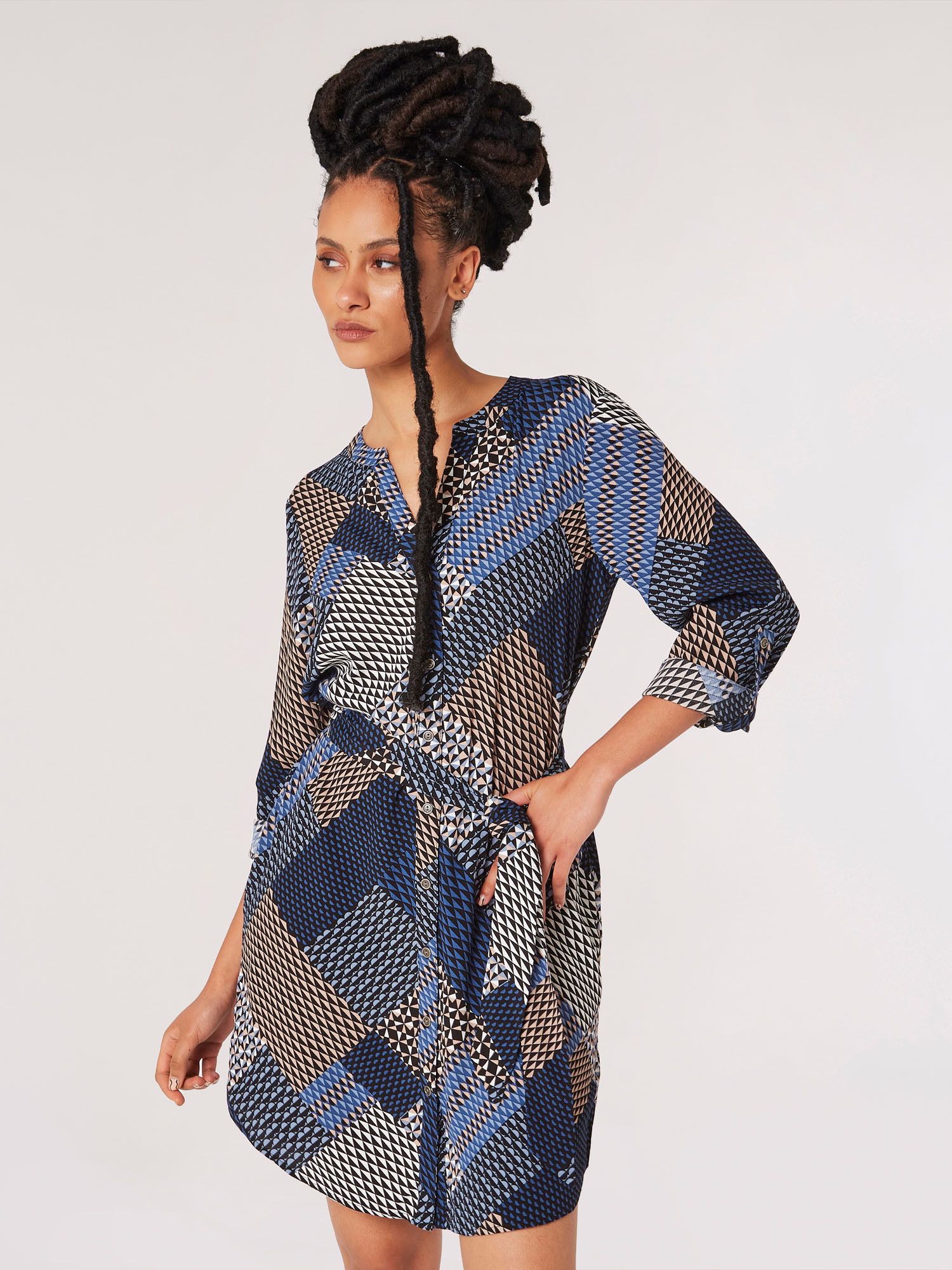Apricot Geo Patchwork Shirt Mini Dress
