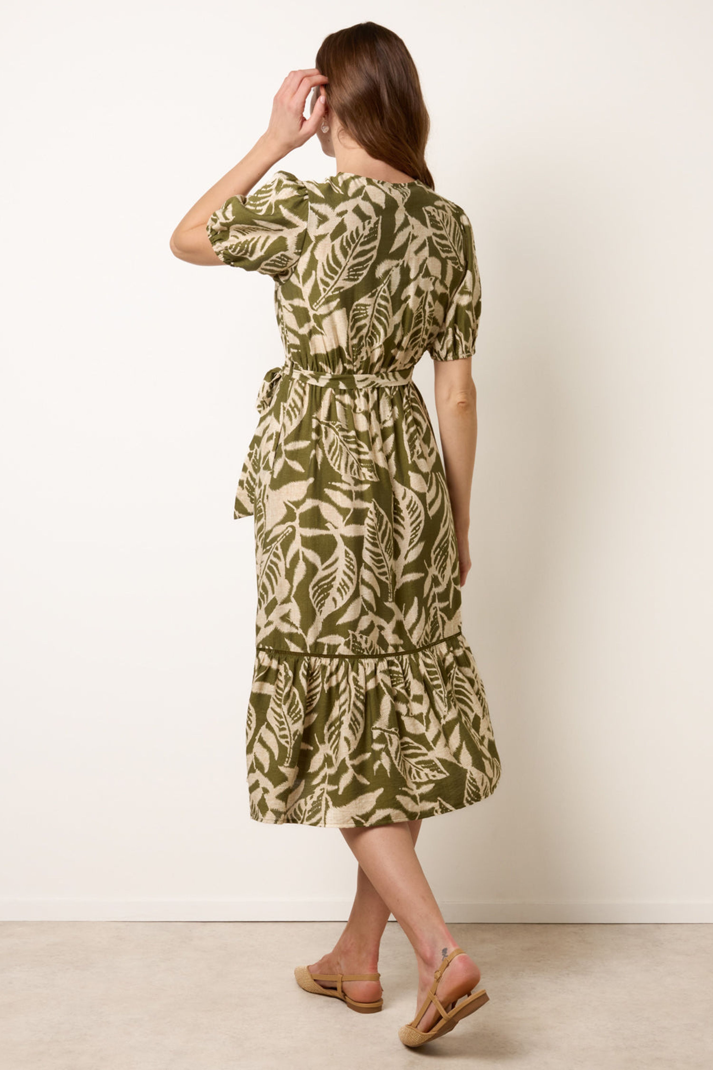 Blue Vanilla Khaki Coconut Button Belted Midi Dress