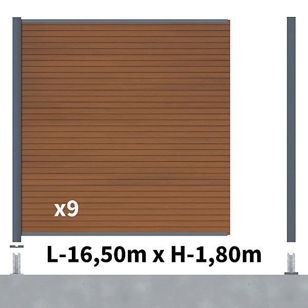 Kit Clôture Composite SANTOS Teck 16,5x1,8m - Bois composite &Aluminium - Poteaux sur Platines Gris - Brise vue - Palissade