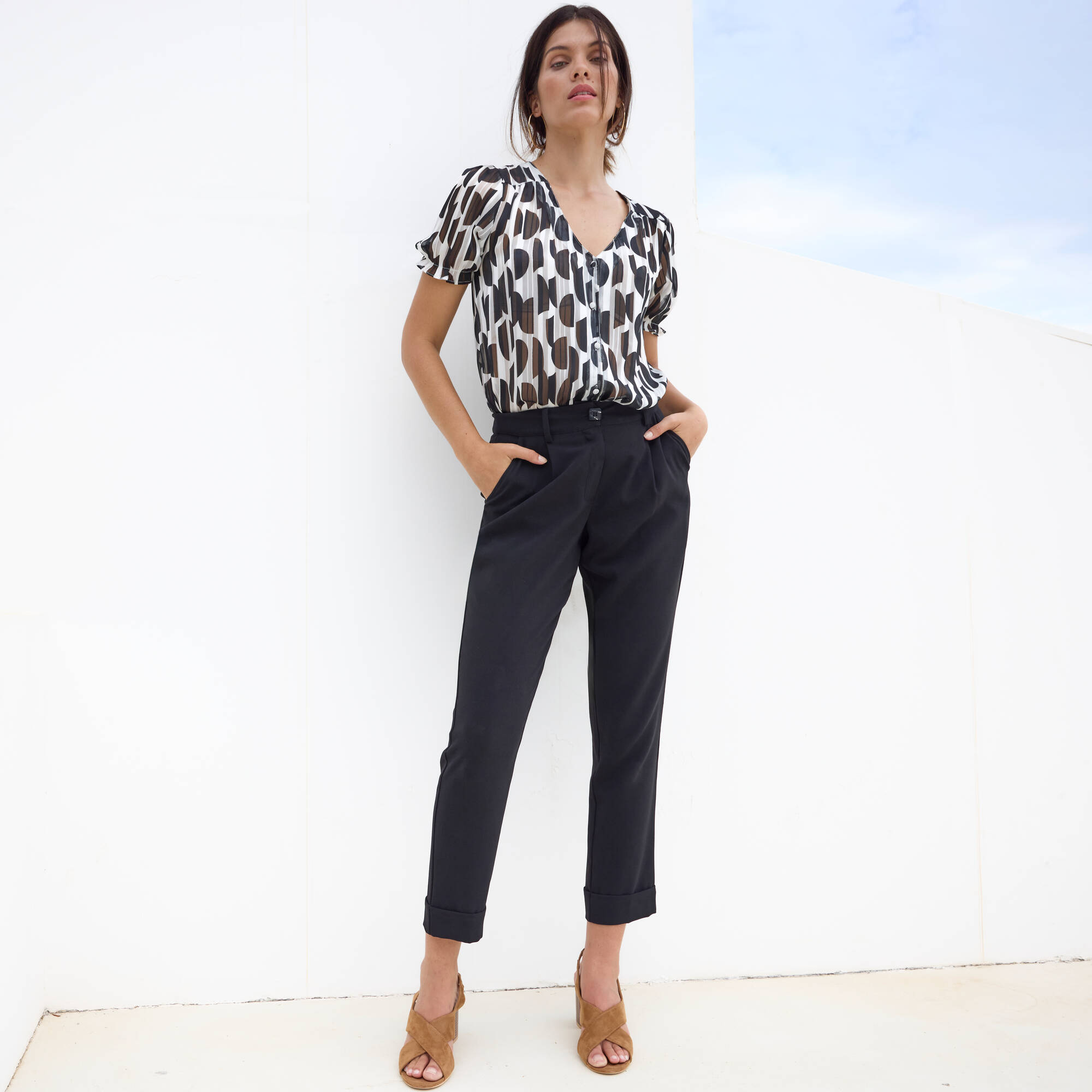 Chemisier manches blousantes imprimé bicolore, voile jacquard