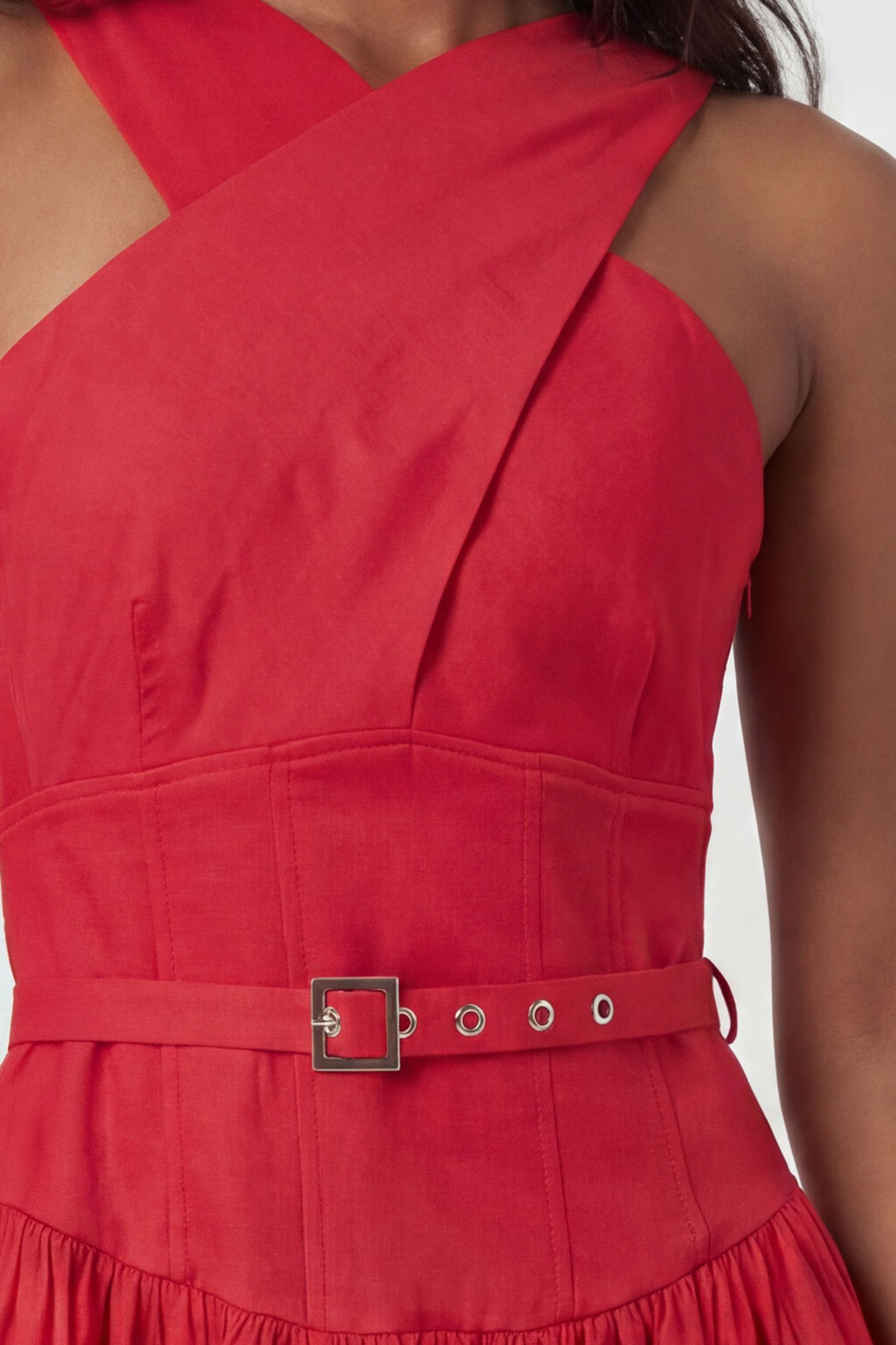 KarenMillen Premium Tailored Linen Halter Neck Belted Full Midi Dress
