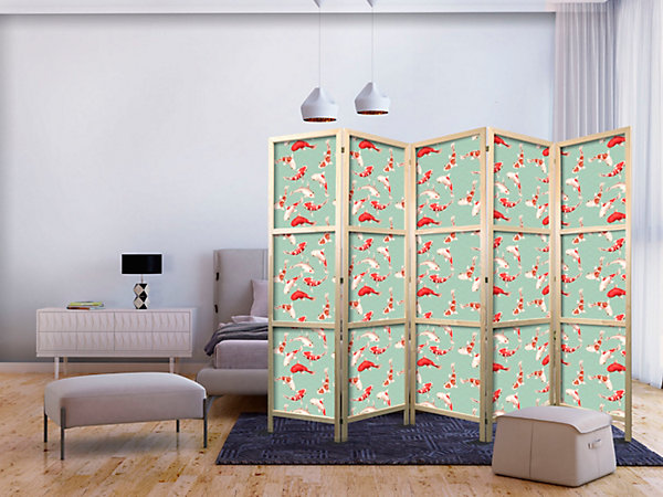 Paravent japonais -Poissons Koi CrèmeVert Menthe avec un Motif Oriental
