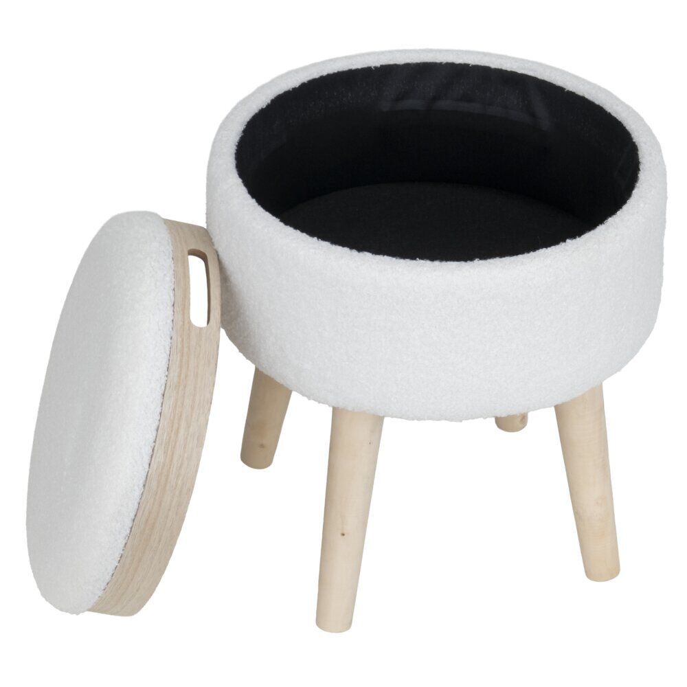 Tabouret bois Clara avec rangement contour bouclette blanc Ø36xH40cm