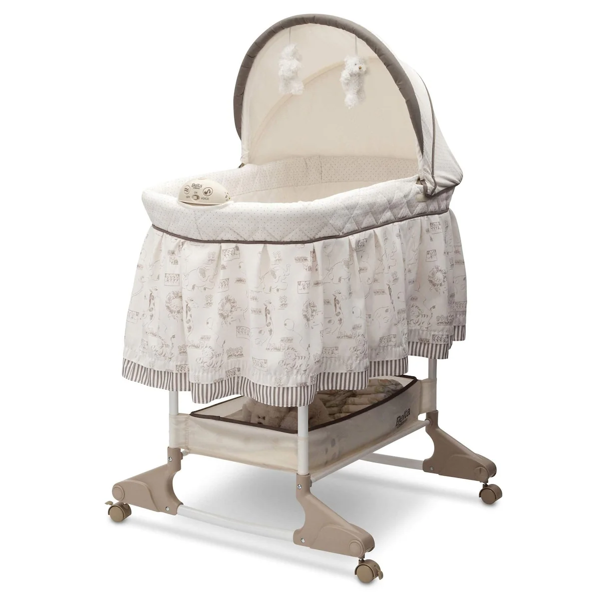 Rocking Bedside Bassinet - Portable Crib with Lights Sounds and Vibrations, Play Time Jungle