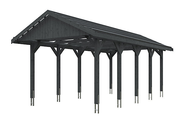 Carport SKAN HOLZ Wallgau 380 x 750 cm, traitement coloré gris ardoise, avec lattis