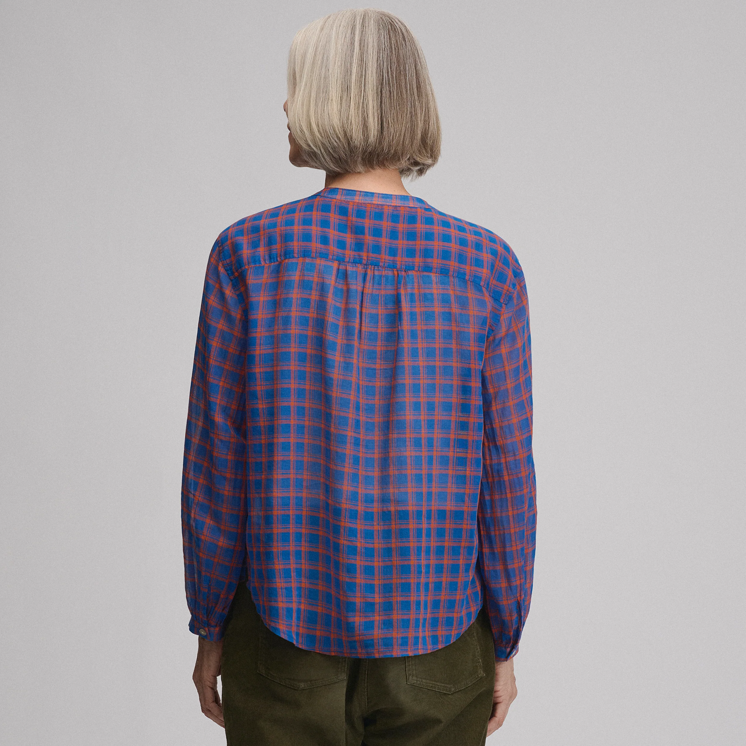 Women's Long-Sleeve Collarless Button-Down Shirt