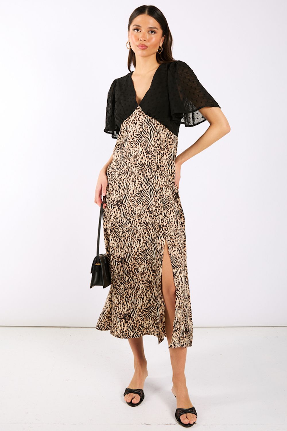 Needs No Label Animal Satin Mix Flutter Sleeve Midi Dress