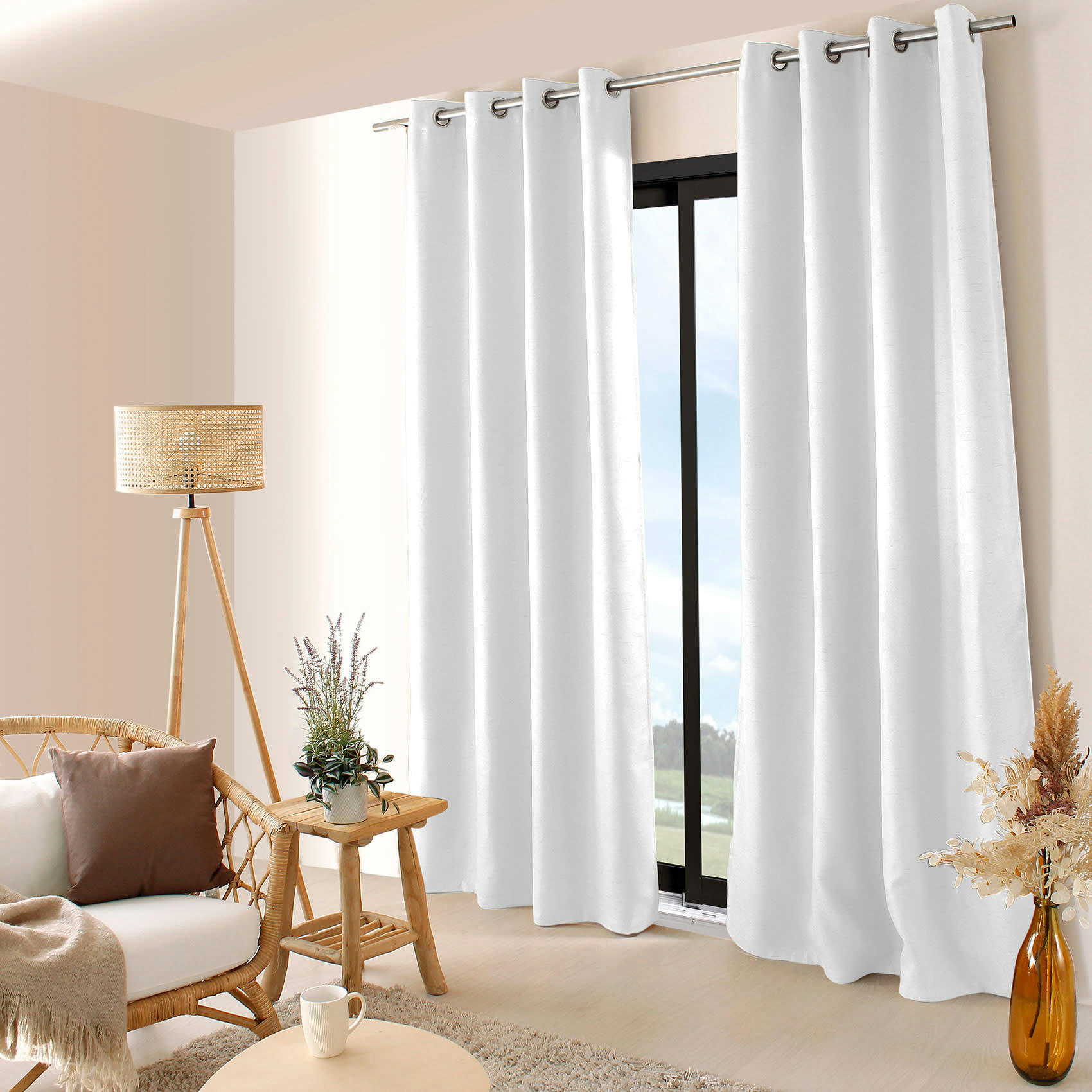 - Rideau occultant uni et fileté polyester/occultant blanc 140x240 cm